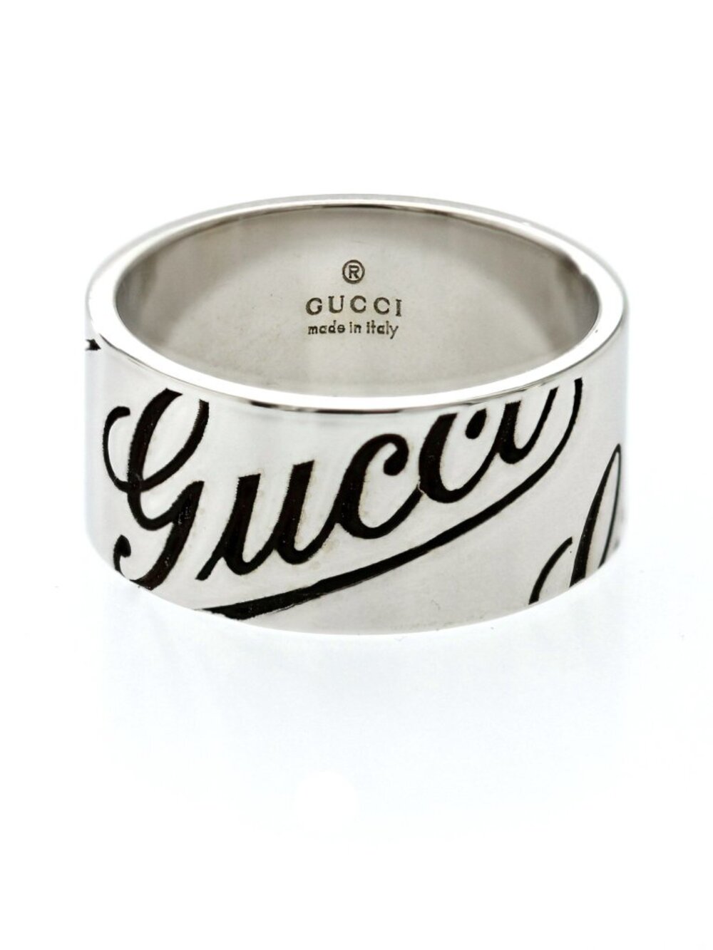 GUCCI Black Cursive Logo 18K White Gold Wide Ring Size 7